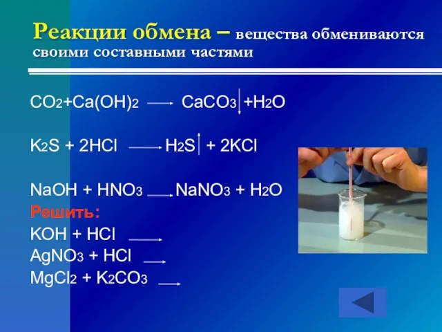 Реакции обмена – вещества обмениваются своими составными частями CO2+Ca(OH)2 CaCO3 +H2O K2S