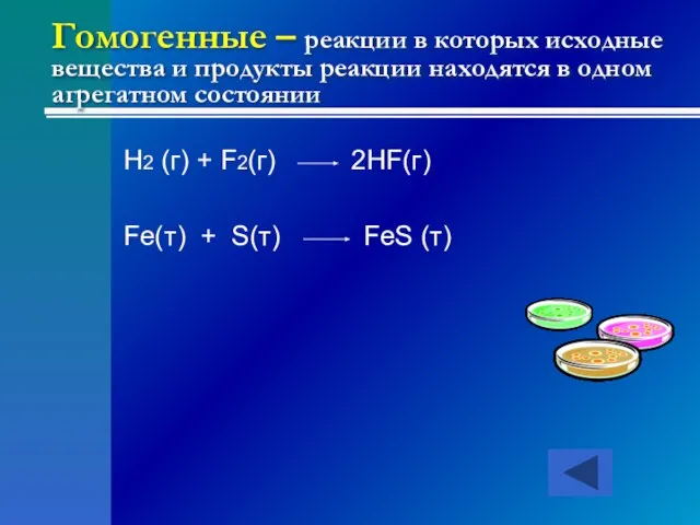 Гомогенные – реакции в которых исходные вещества и продукты реакции находятся в