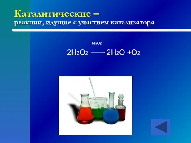 Каталитические – реакции, идущие с участием катализатора MnO2 2H2O2 2H2O +O2