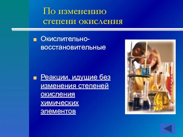 По изменению степени окисления Окислительно-восстановительные Реакции, идущие без изменения степеней окисления химических элементов