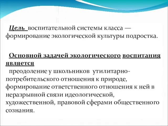 Цель воспитательной системы класса — формирование экологической культуры подростка. Основной задачей экологического