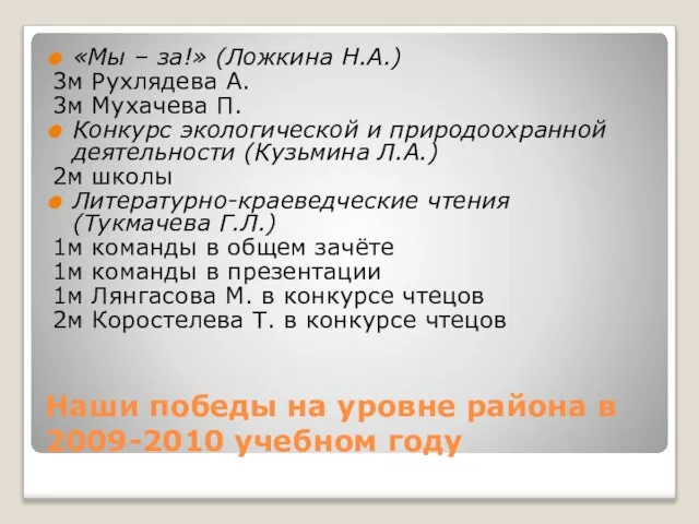 Наши победы на уровне района в 2009-2010 учебном году «Мы – за!»