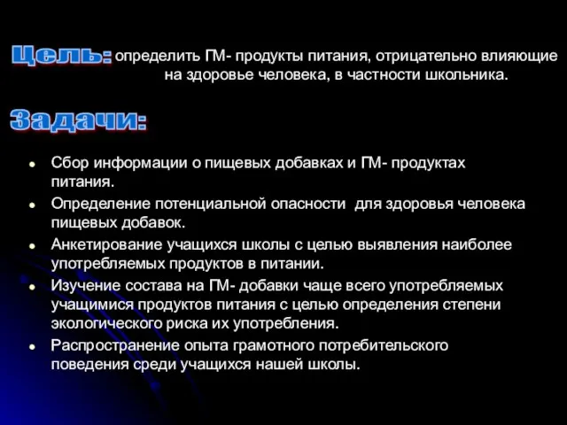 Сбор информации о пищевых добавках и ГМ- продуктах питания. Определение потенциальной опасности