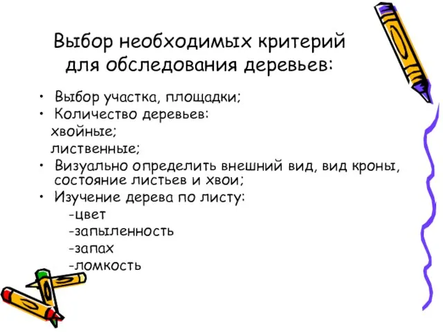 Выбор необходимых критерий для обследования деревьев: Выбор участка, площадки; Количество деревьев: хвойные;