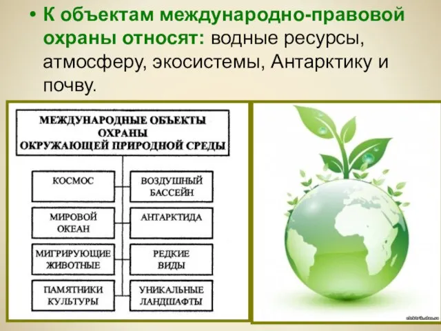 К объектам международно-правовой охраны относят: водные ресурсы, атмосферу, экосистемы, Антарктику и почву.