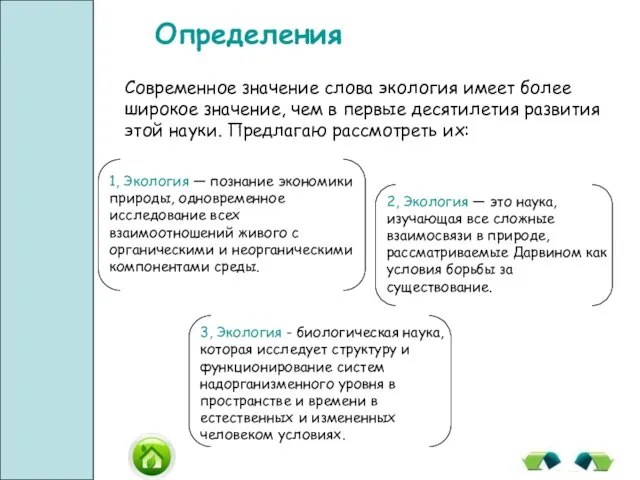 Определения Современное значение слова экология имеет более широкое значение, чем в первые