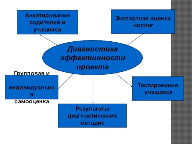 Диагностика эффективности проекта Анкетирование родителей и учащихся Тестирование учащихся Результаты диагностических методик