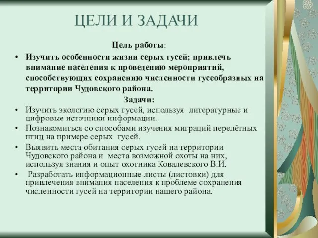 ЦЕЛИ И ЗАДАЧИ Цель работы: Изучить особенности жизни серых гусей; привлечь внимание