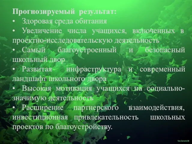 Прогнозируемый результат: • Здоровая среда обитания • Увеличение числа учащихся, включенных в