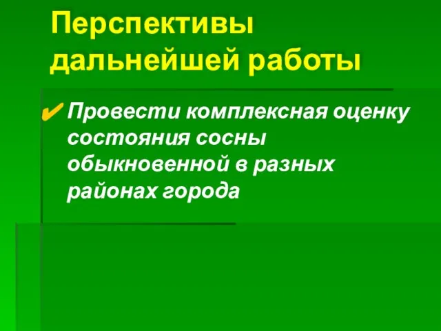 Перспективы дальнейшей работы Провести комплексная оценку состояния сосны обыкновенной в разных районах города