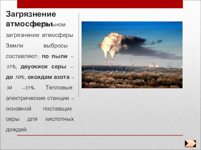 Загрязнение атмосферы В глобальном загрязнении атмосферы Земли выбросы составляют: по пыли –