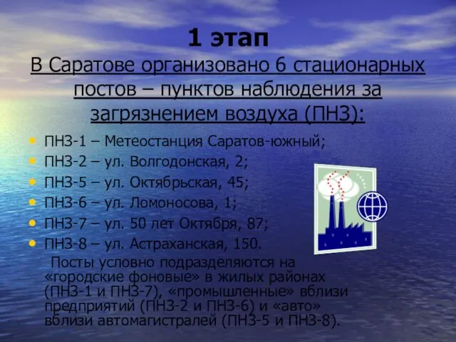 1 этап В Саратове организовано 6 стационарных постов – пунктов наблюдения за