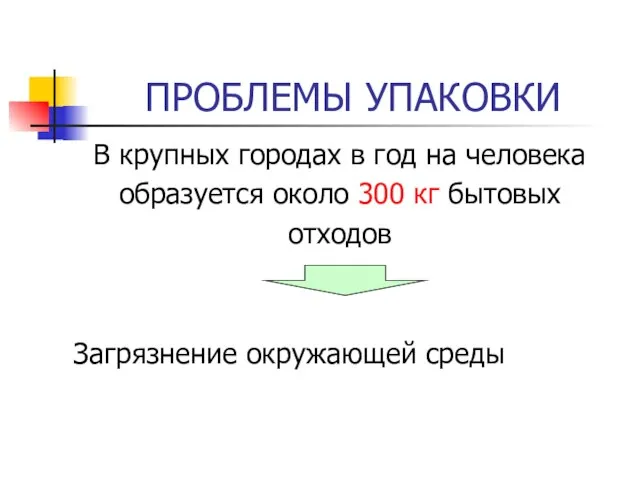 ПРОБЛЕМЫ УПАКОВКИ В крупных городах в год на человека образуется около 300