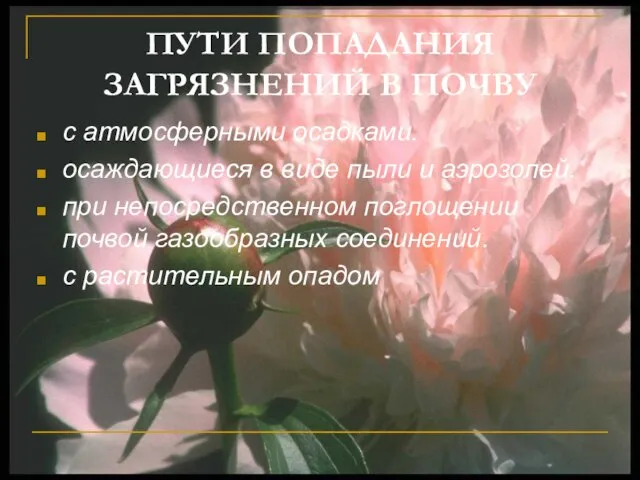 ПУТИ ПОПАДАНИЯ ЗАГРЯЗНЕНИЙ В ПОЧВУ с атмосферными осадками. осаждающиеся в виде пыли