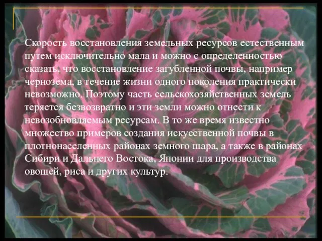 Скорость восстановления земельных ресурсов ес­тественным путем исключительно мала и можно с определенностью