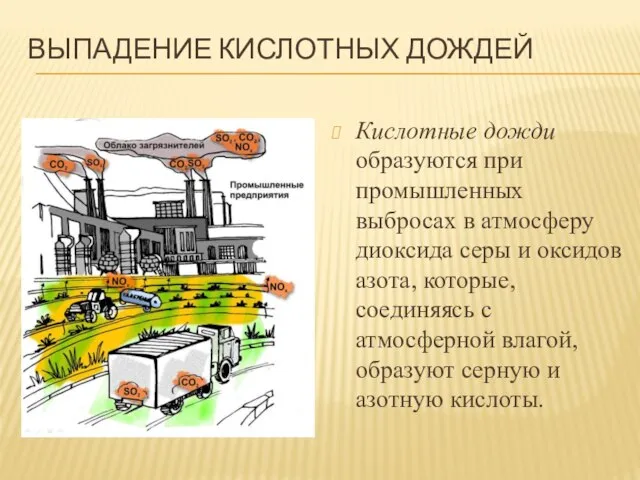 выпадение кислотных дождей Кислотные дожди образуются при промышленных выбросах в атмосферу диоксида