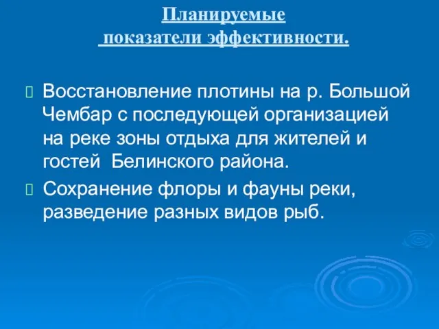 Планируемые показатели эффективности. Восстановление плотины на р. Большой Чембар с последующей организацией