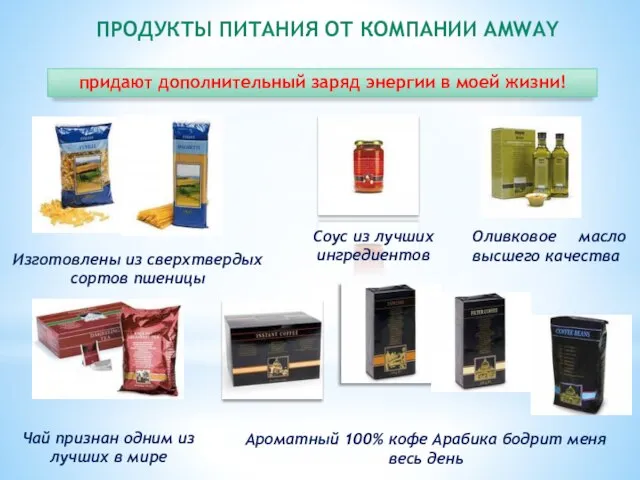 ПРОДУКТЫ ПИТАНИЯ ОТ КОМПАНИИ AMWAY придают дополнительный заряд энергии в моей жизни!