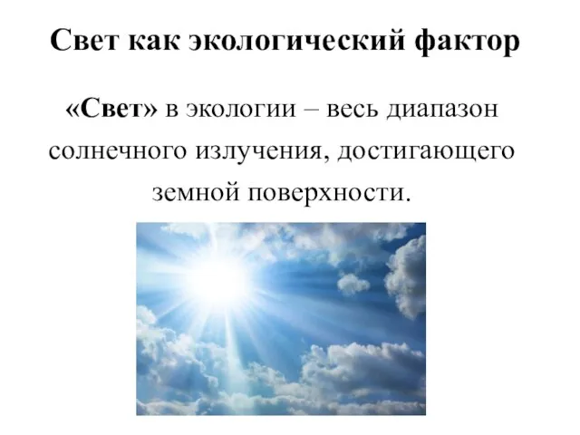 Свет как экологический фактор «Свет» в экологии – весь диапазон солнечного излучения, достигающего земной поверхности.