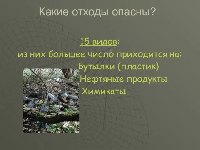 Какие отходы опасны? 15 видов: из них большее число приходится на: Бутылки (пластик) Нефтяные продукты Химикаты