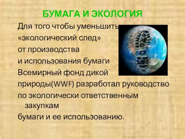 БУМАГА И ЭКОЛОГИЯ Для того чтобы уменьшить «экологический след» от производства и