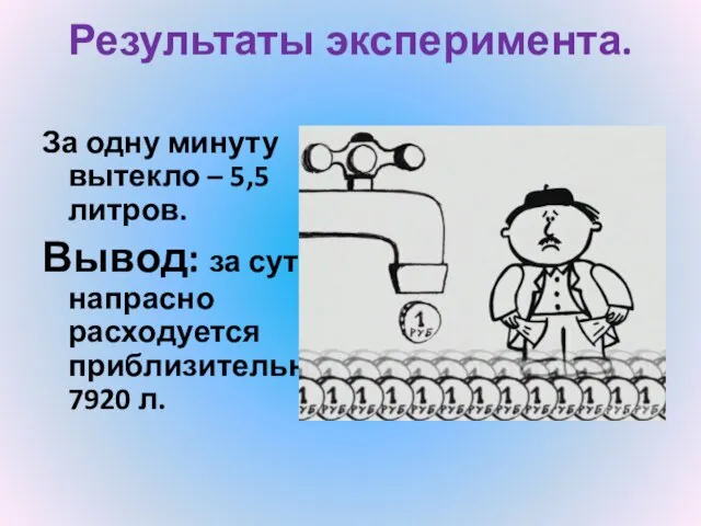 Результаты эксперимента. За одну минуту вытекло – 5,5 литров. Вывод: за сутки