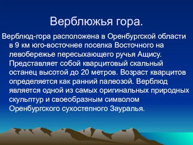 Верблюжья гора. Верблюд-гора расположена в Оренбургской области в 9 км юго-восточнее поселка