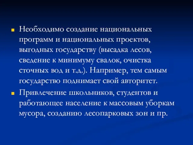 Необходимо создание национальных программ и национальных проектов, выгодных государству (высадка лесов, сведение