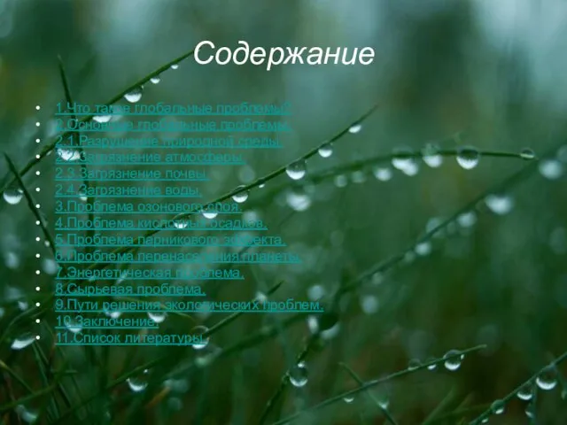 Содержание 1.Что такое глобальные проблемы? 2.Основные глобальные проблемы: 2.1.Разрушение природной среды. 2.2.Загрязнение