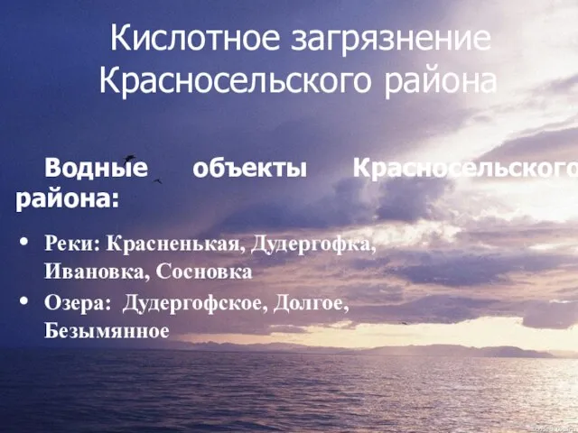 Кислотное загрязнение Красносельского района Водные объекты Красносельского района: Реки: Красненькая, Дудергофка, Ивановка,