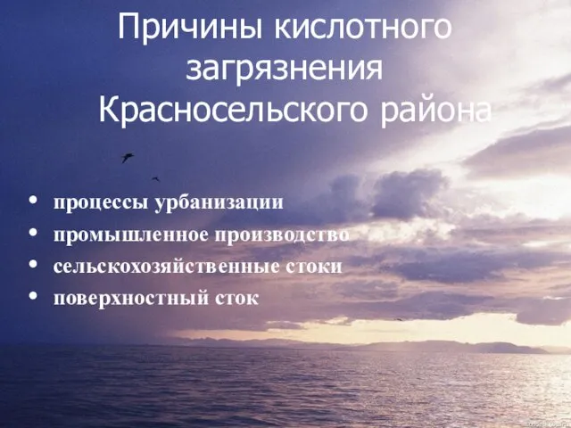 Причины кислотного загрязнения Красносельского района процессы урбанизации промышленное производство сельскохозяйственные стоки поверхностный сток