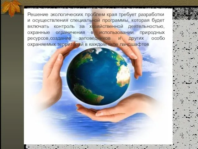 Решение экологических проблем края требует разработки и осуществления специальной программы, которая будет