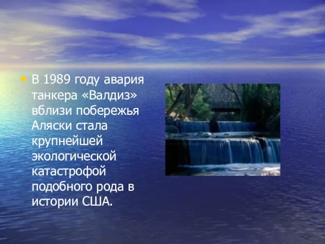 В 1989 году авария танкера «Валдиз» вблизи побережья Аляски стала крупнейшей экологической