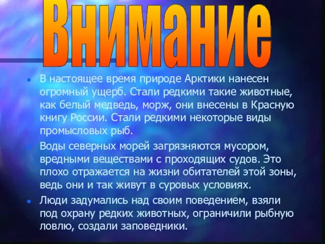 В настоящее время природе Арктики нанесен огромный ущерб. Стали редкими такие животные,