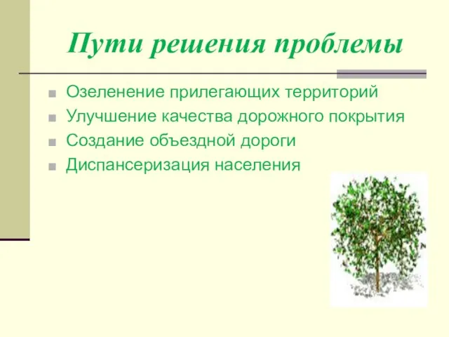 Пути решения проблемы Озеленение прилегающих территорий Улучшение качества дорожного покрытия Создание объездной дороги Диспансеризация населения