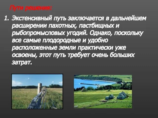 Пути решения: Экстенсивный путь заключается в дальнейшем расширении пахотных, пастбищных и рыбопромысловых