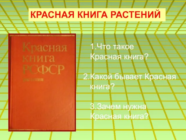 КРАСНАЯ КНИГА РАСТЕНИЙ 1.Что такое Красная книга? 2.Какой бывает Красная книга? 3.Зачем нужна Красная книга?