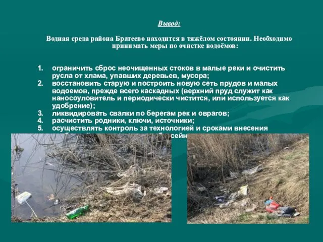 Вывод: Водная среда района Братеево находится в тяжёлом состоянии. Необходимо принимать меры