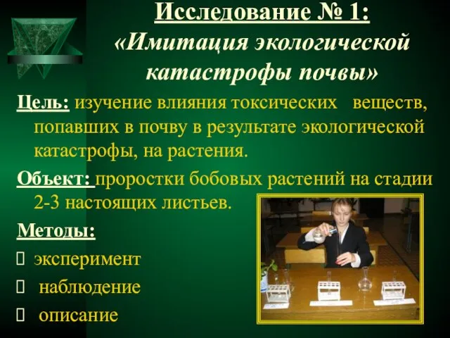 Исследование № 1: «Имитация экологической катастрофы почвы» Цель: изучение влияния токсических веществ,