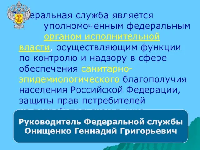 Федеральная служба является уполномоченным федеральным органом исполнительной власти, осуществляющим функции по контролю