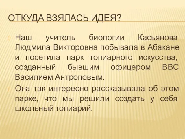 Откуда взялась идея? Наш учитель биологии Касьянова Людмила Викторовна побывала в Абакане