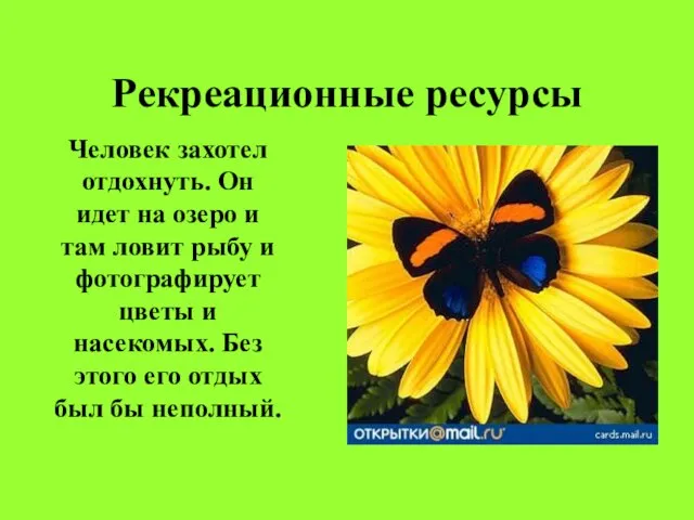 Рекреационные ресурсы Человек захотел отдохнуть. Он идет на озеро и там ловит