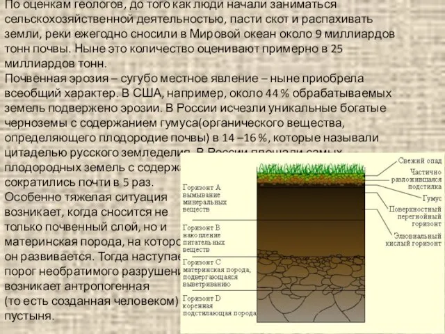 По оценкам геологов, до того как люди начали заниматься сельскохозяйственной деятельностью, пасти