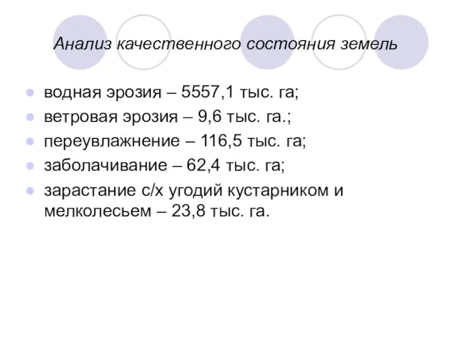 Анализ качественного состояния земель водная эрозия – 5557,1 тыс. га; ветровая эрозия