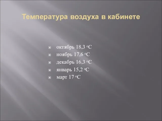 Температура воздуха в кабинете октябрь 18,3 ᵒС ноябрь 17,6 ᵒС декабрь 16,3