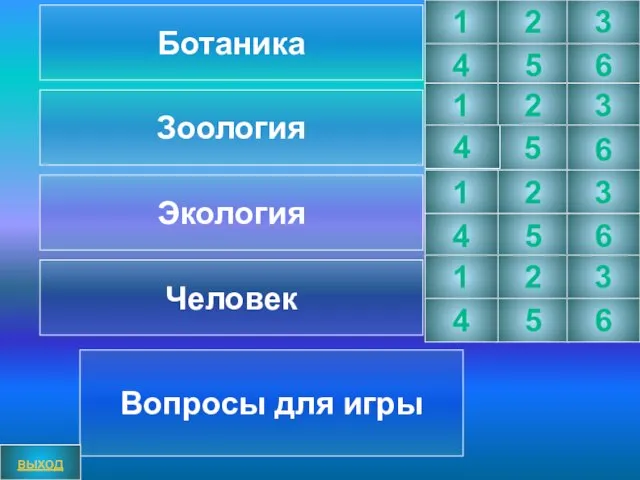 2 3 5 6 Вопросы для игры выход 1 4 Ботаника Зоология