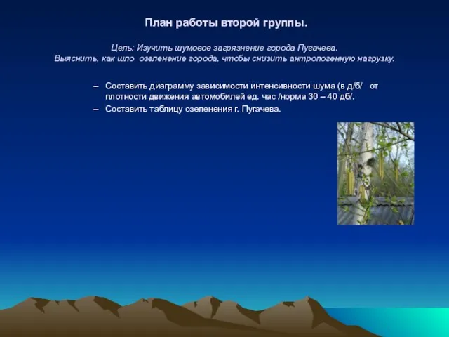 План работы второй группы. Цель: Изучить шумовое загрязнение города Пугачева. Выяснить, как