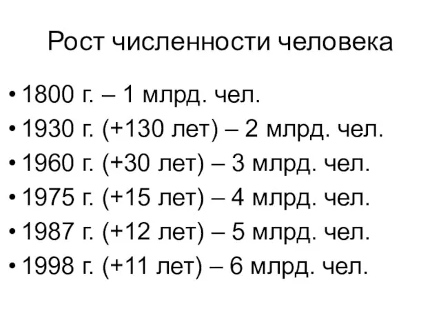 Рост численности человека 1800 г. – 1 млрд. чел. 1930 г. (+130