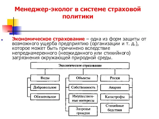 Менеджер-эколог в системе страховой политики Экономическое страхование – одна из форм защиты