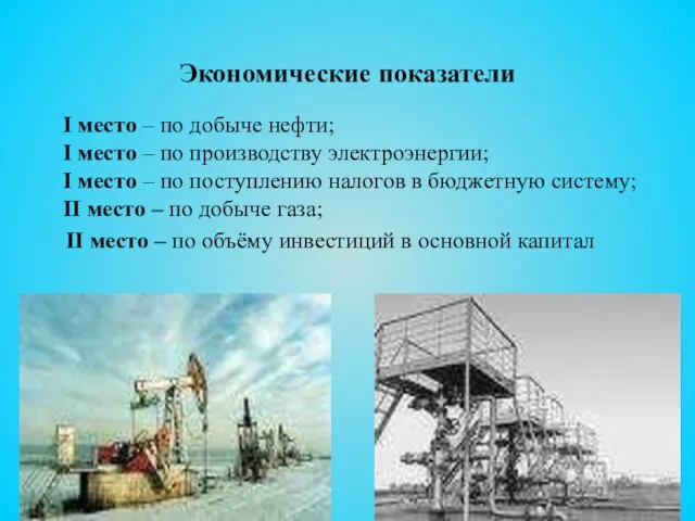 Экономические показатели I место – по добыче нефти; I место – по